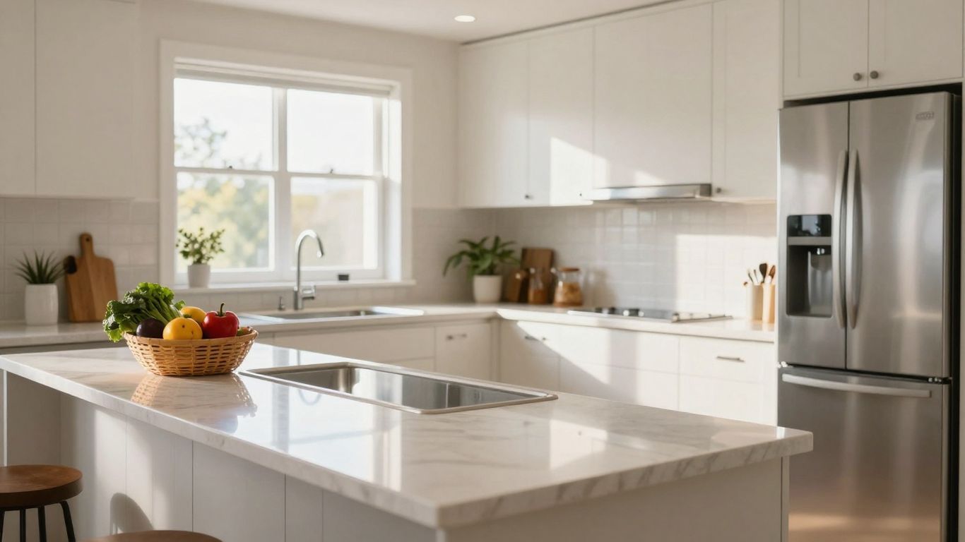 Sparkling clean kitchen with organized cabinets and gleaming appliances.