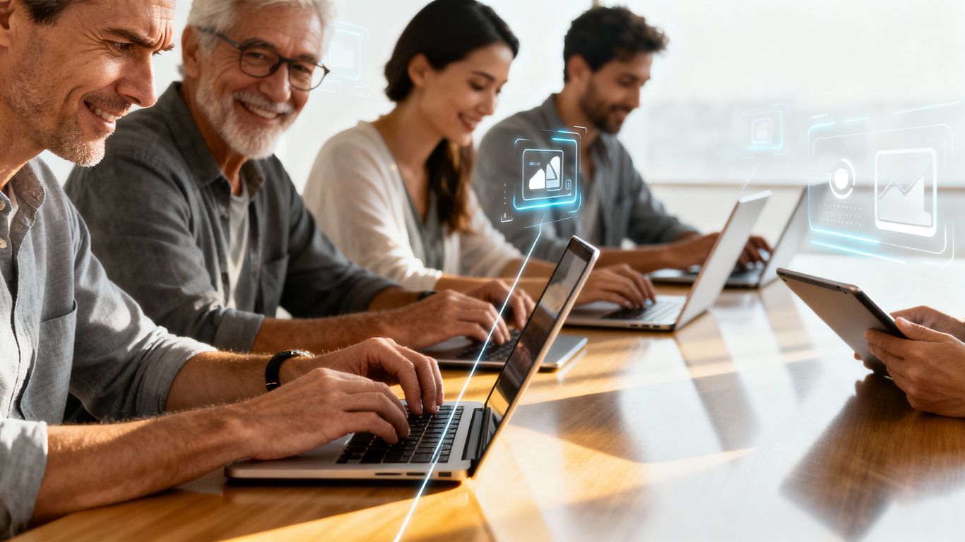 People learning online with laptops and tablets.