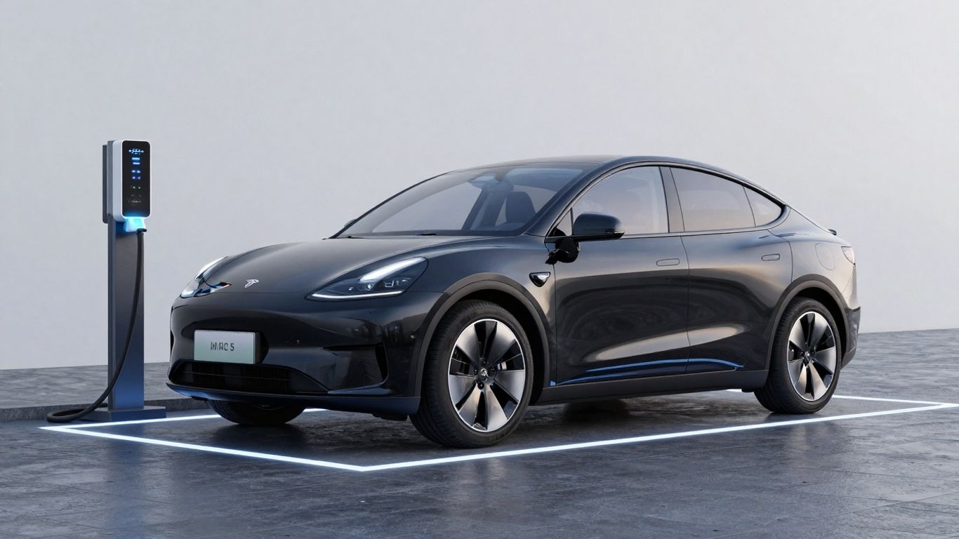 Electric car charging wirelessly in a parking spot.