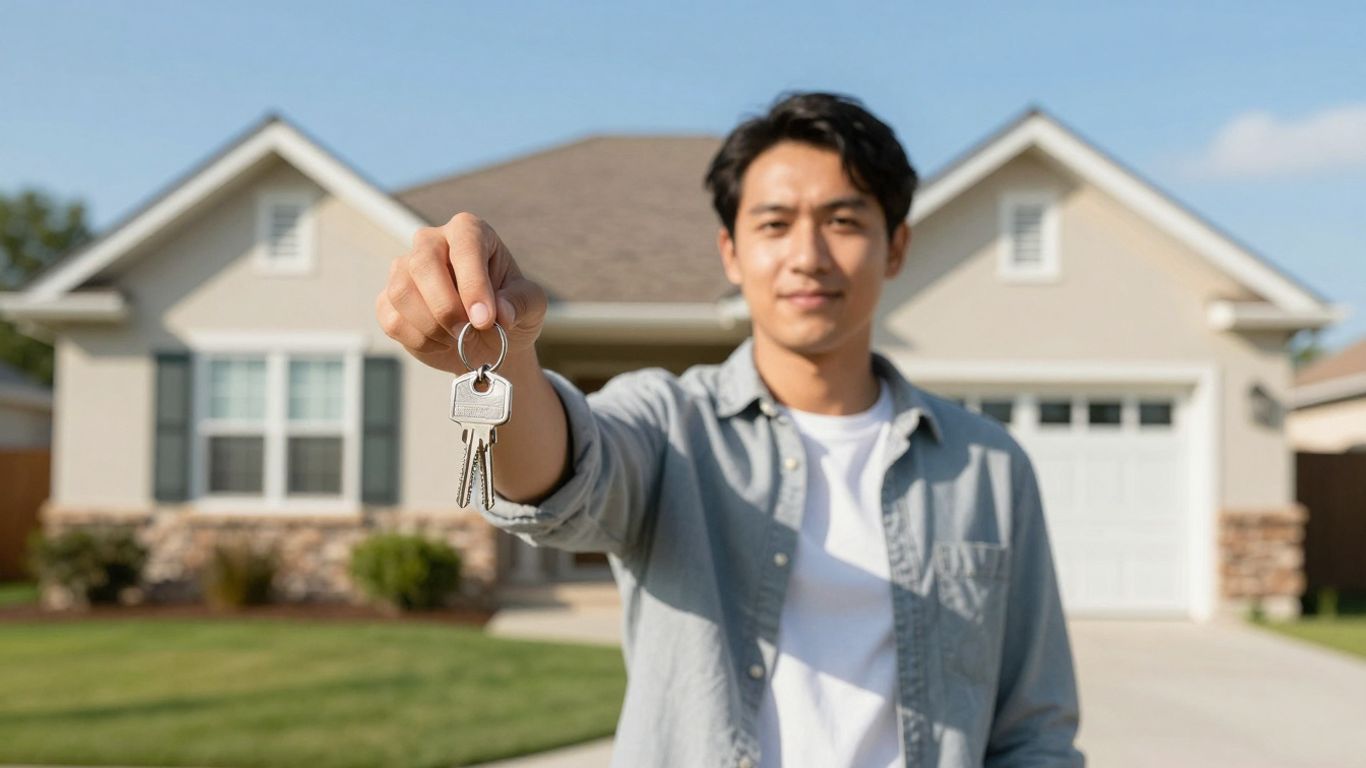 Propietario con llaves frente a casa alquilada.