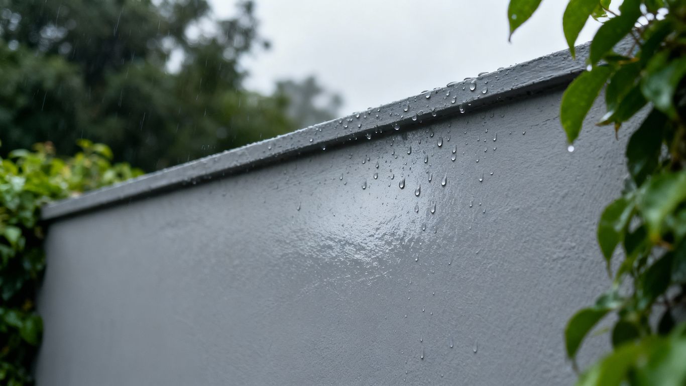 Painted wall with water droplets in rain.