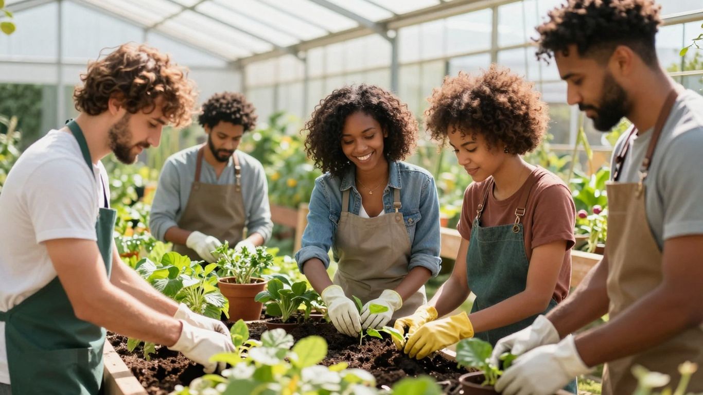 Menschen arbeiten zusammen in einem Gemeinschaftsgarten.