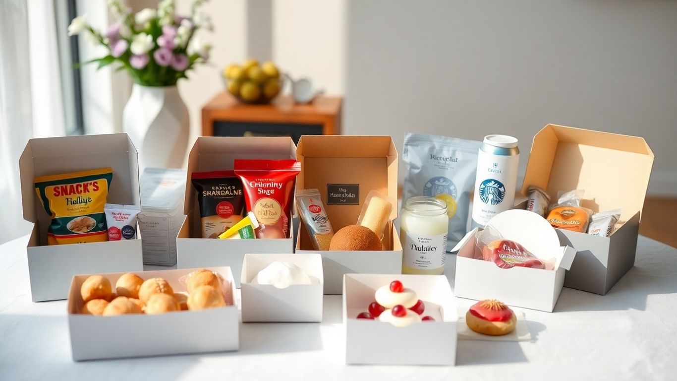 กล่องขนมงานสวดหลากหลายวางเรียงบนโต๊ะอย่างเรียบร้อย