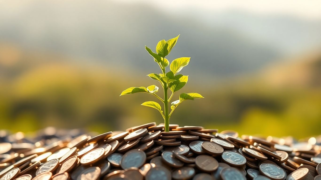 Copac verde crescând din monede, simbolizând investiții ecologice.