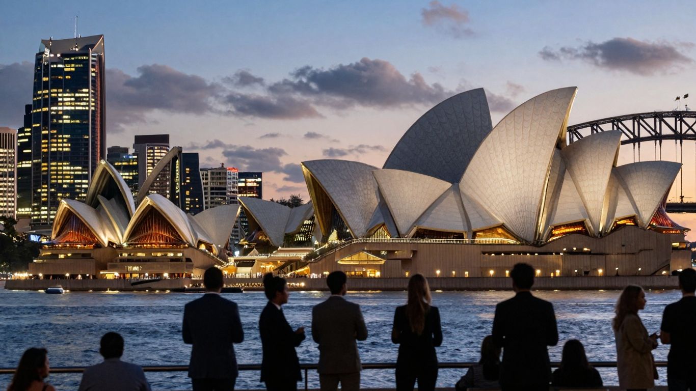Sydney cityscape at dusk with Opera House and Harbour Bridge.