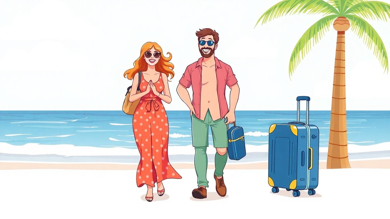 Glückliches Paar am Strand mit Gepäck, Urlaubsversicherung.