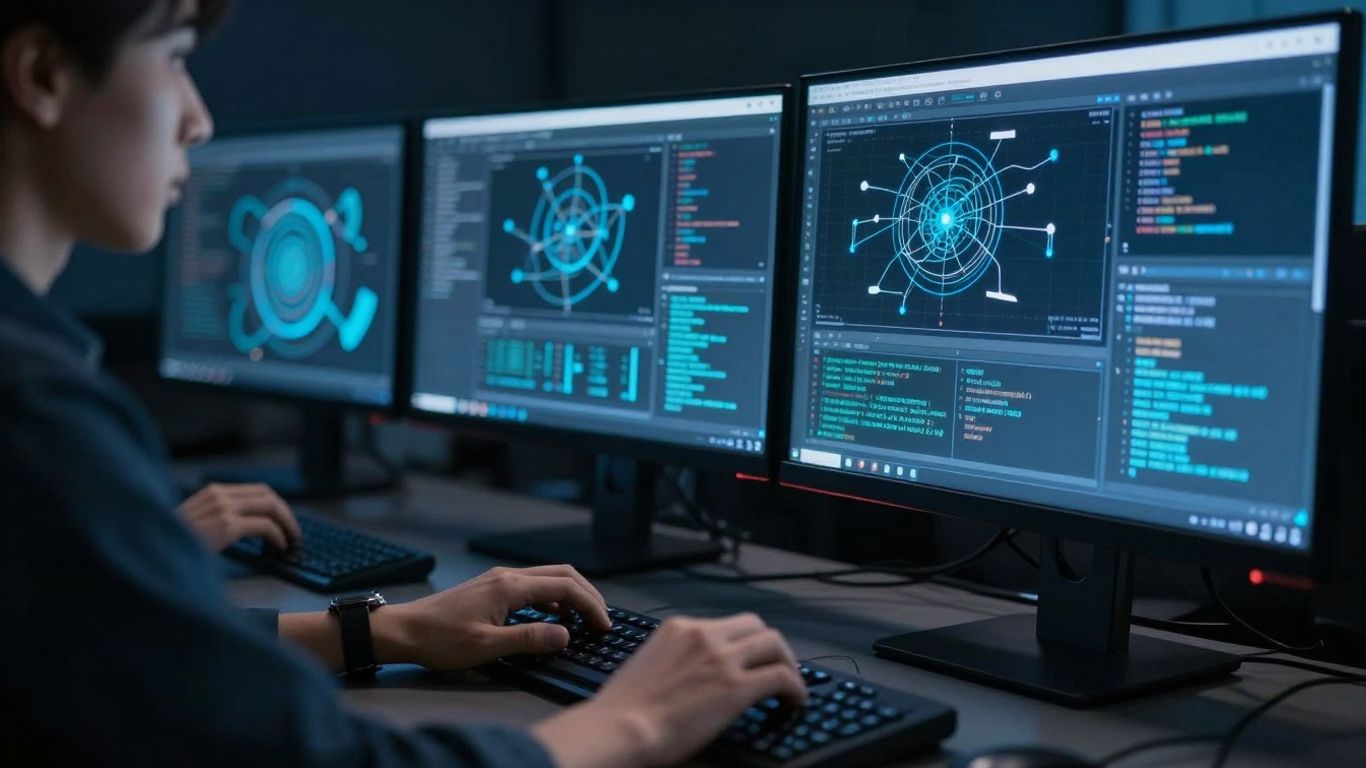 Cybersecurity professional responding to a digital threat on computers.