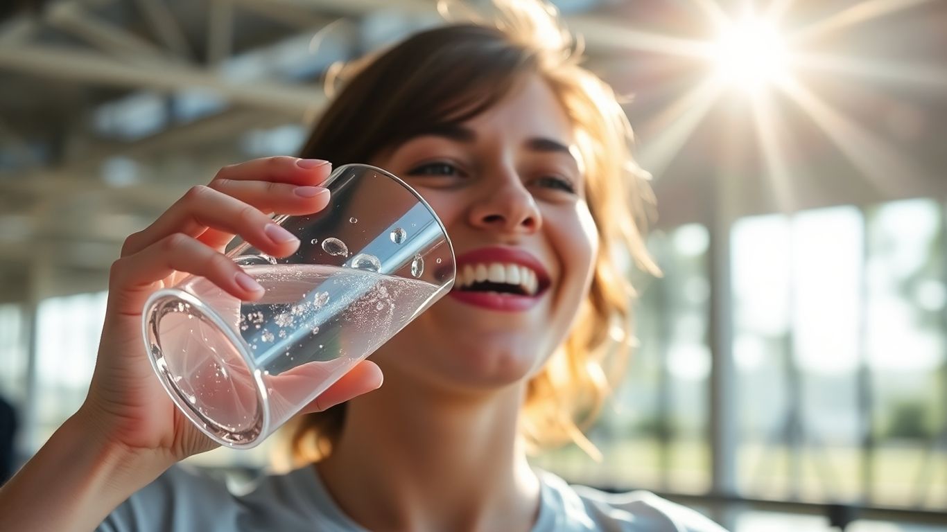 Person drinking water during an active day.