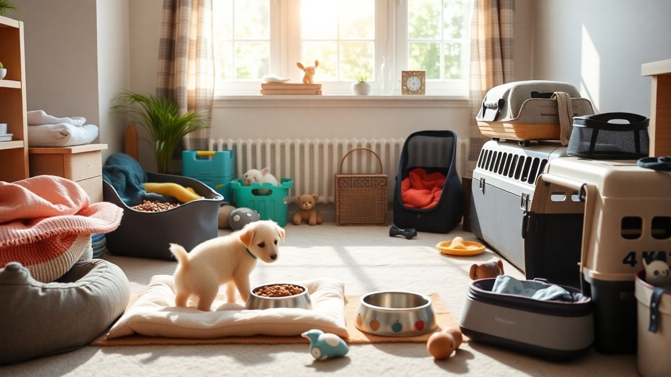 New pet supplies arranged for a happy companion.