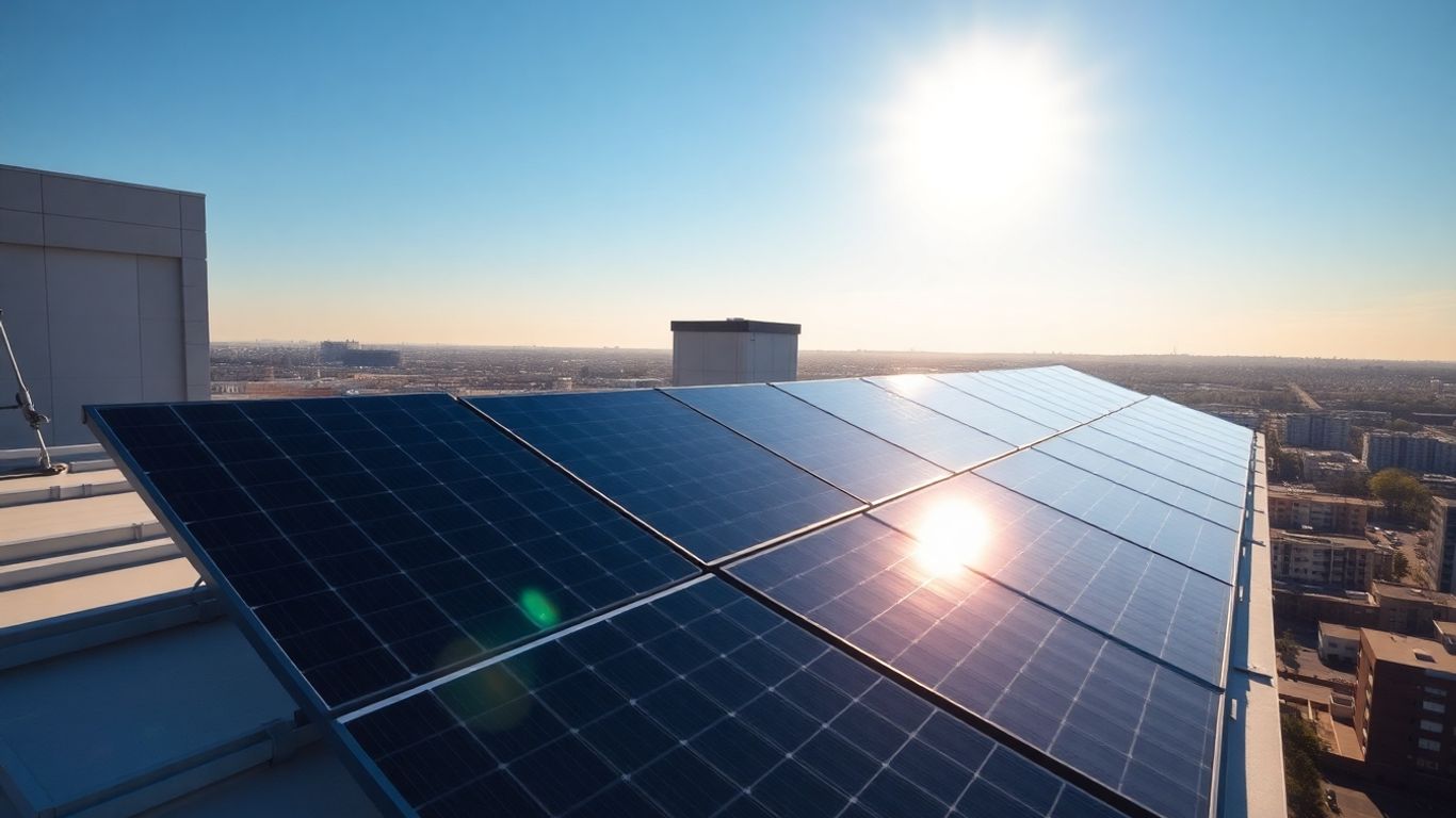 Commercial solar panels on a business building rooftop.