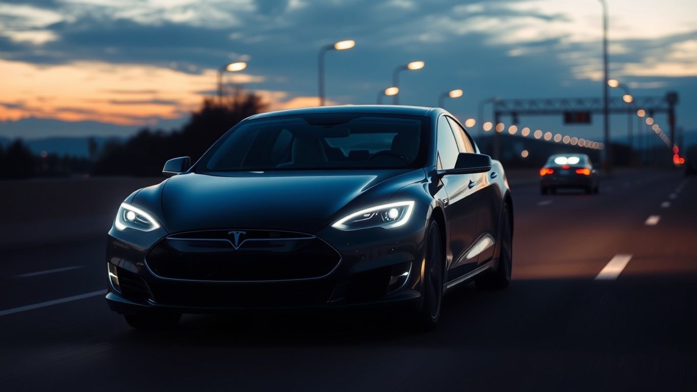 Tesla driving autonomously on highway at dusk.
