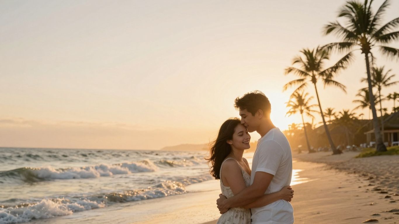 Cuplu romantic pe o plajă la apus