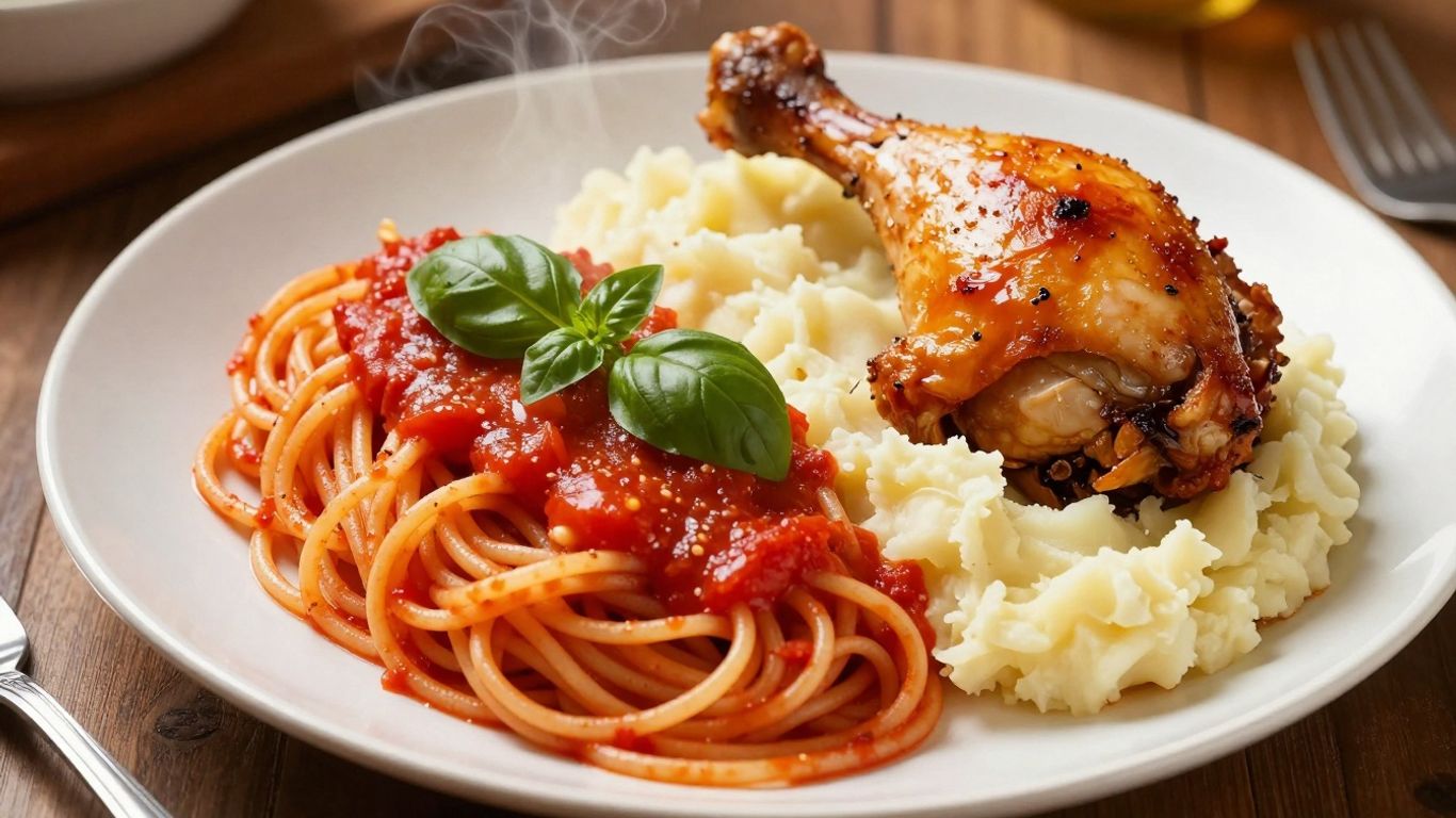 Delicious and affordable spaghetti and roasted chicken dinner.