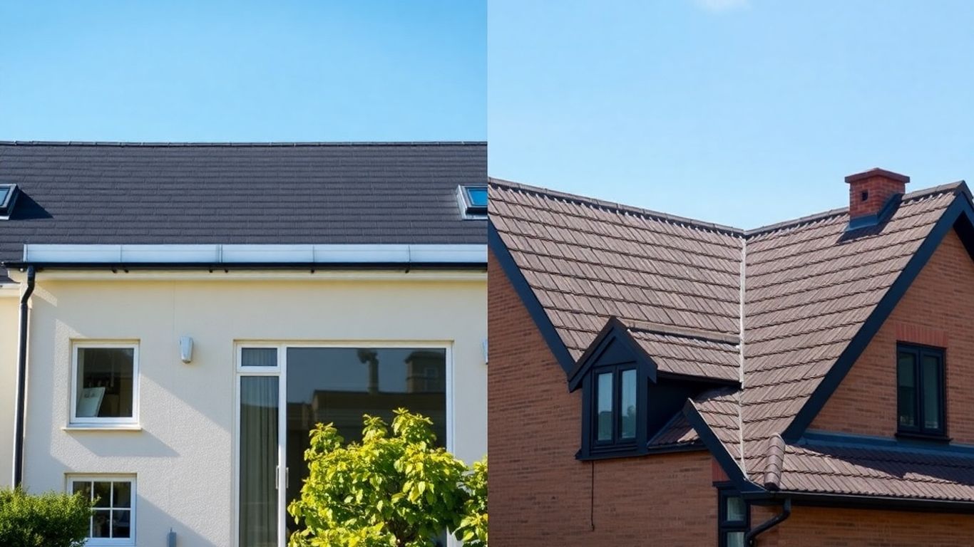 Dublin homes with flat and pitched roofs side-by-side.