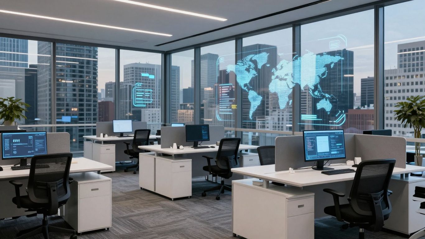 Modern office with city view and glowing screens.