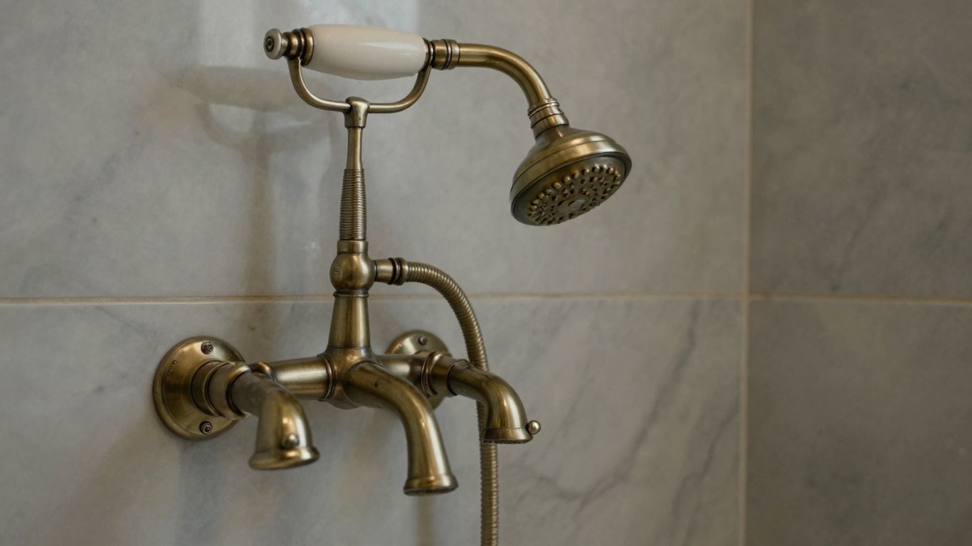 Antique brass shower fixtures in a luxurious bathroom.