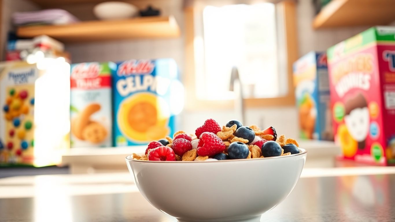 Healthy breakfast cereal with berries and milk.