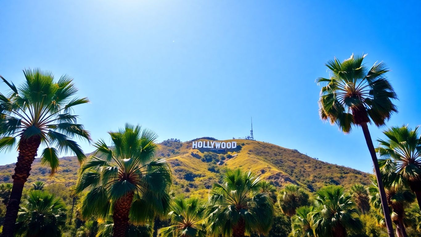 Hollywood sign with palm trees and blue sky.