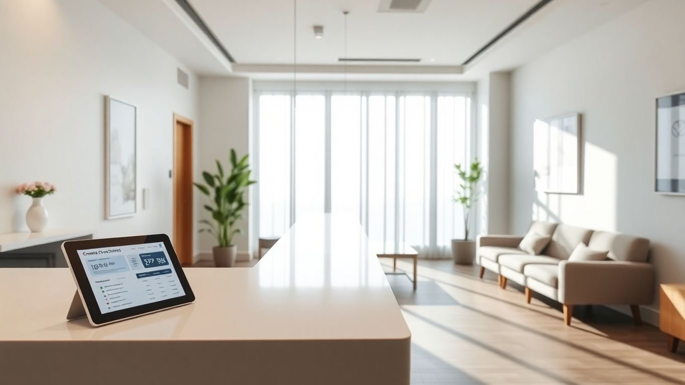 Modern aesthetic clinic interior with financial data on a tablet.