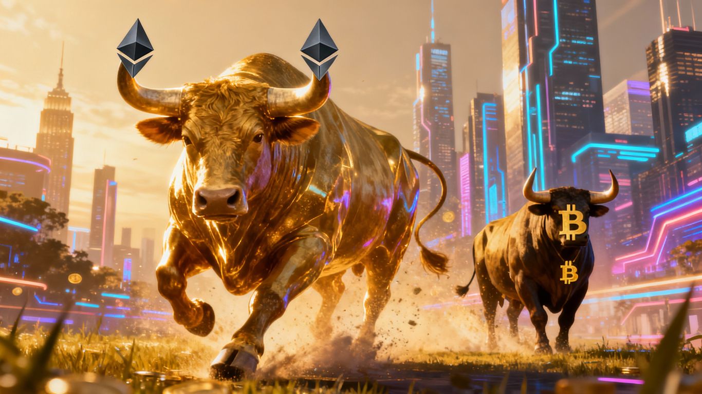 Ethereum bull overtakes Bitcoin bull in futuristic cityscape.