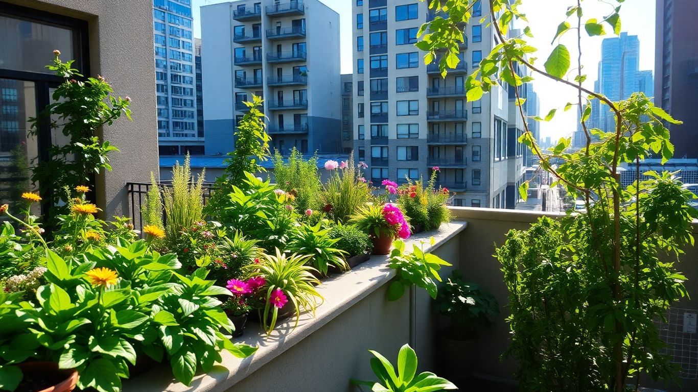 Grădină urbană vibrantă pe un balcon de beton.