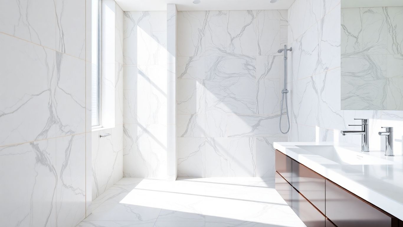 Modern bathroom with stylish tiles and vanity.