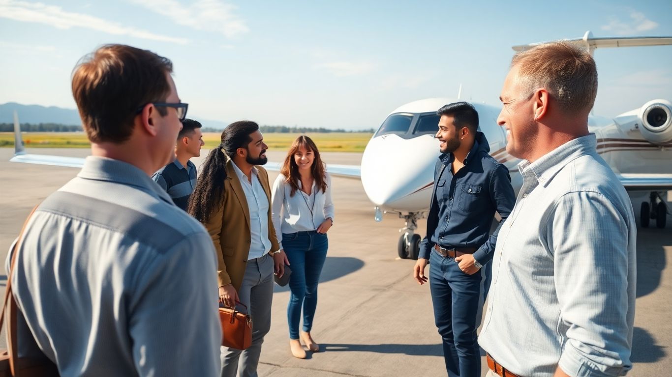 People chatting near private jets on sunny runway