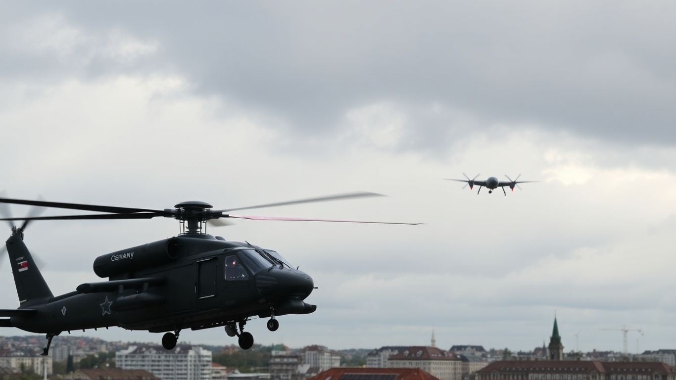 German military helicopter targets drone in sky.