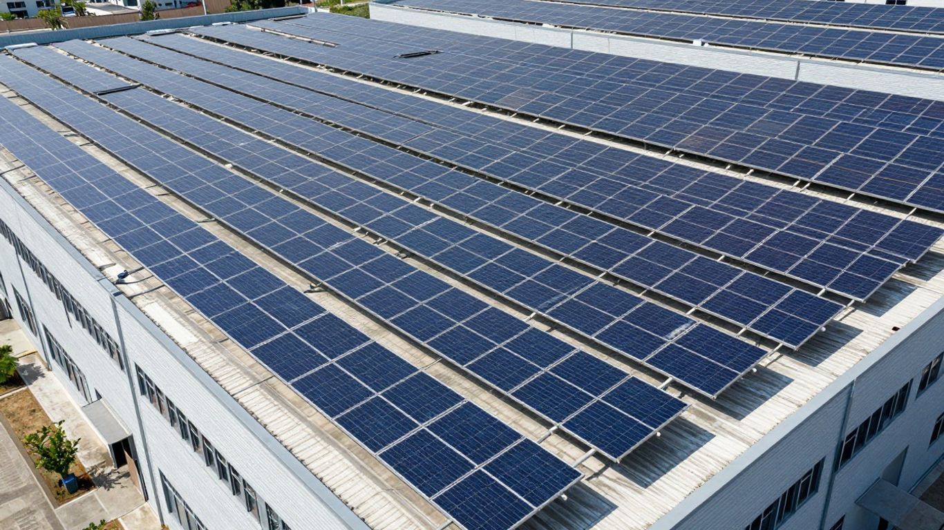 Massive rooftop solar panel installation on a commercial building.