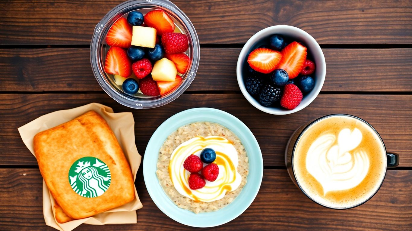 Healthy Starbucks breakfast foods on a wooden table.
