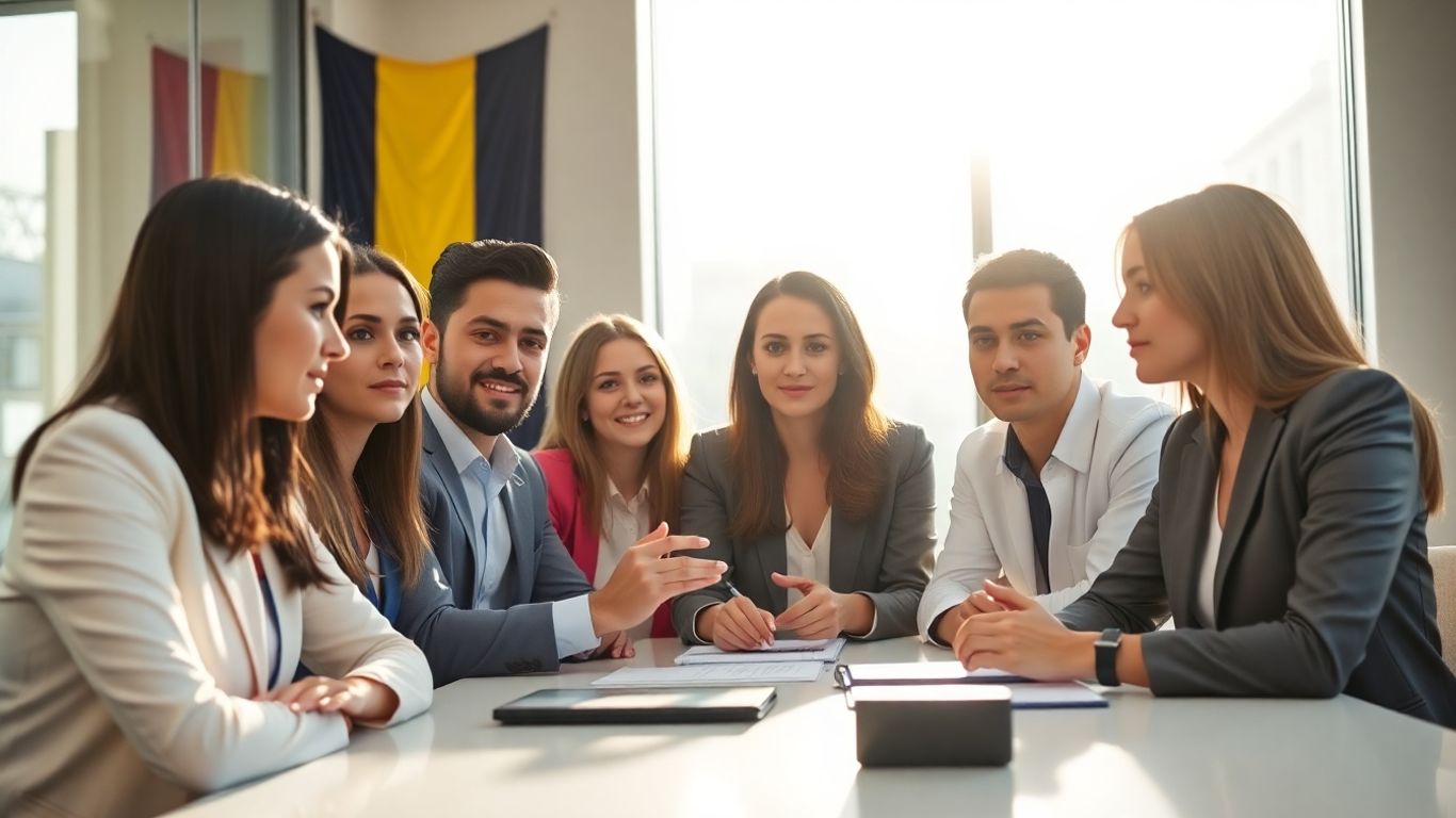 Tineri implicați în discuții politice într-o sală modernă
