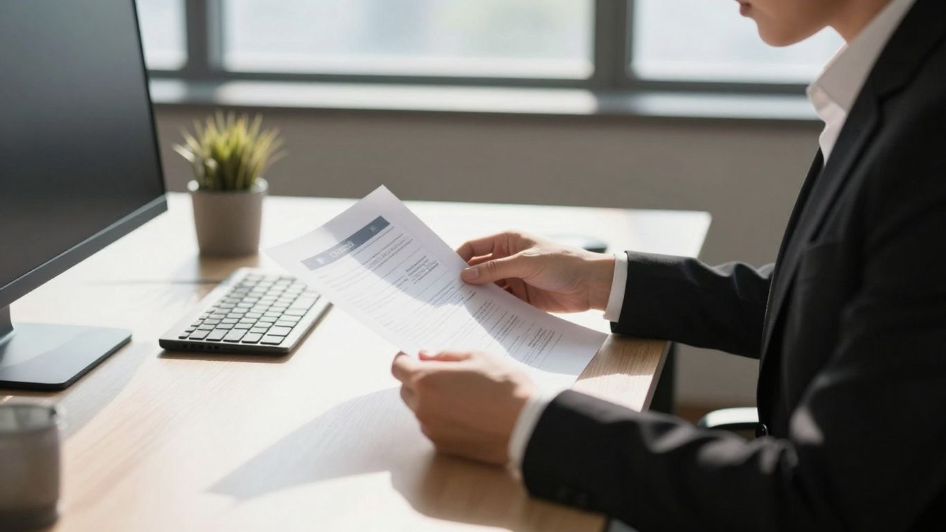 Person reviewing financial documents in a modern office.