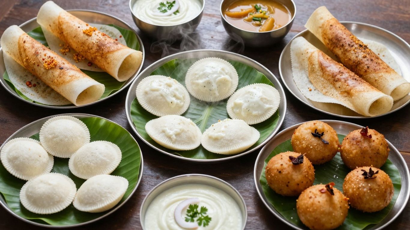 South Indian breakfast spread with idli, dosa, and vada.
