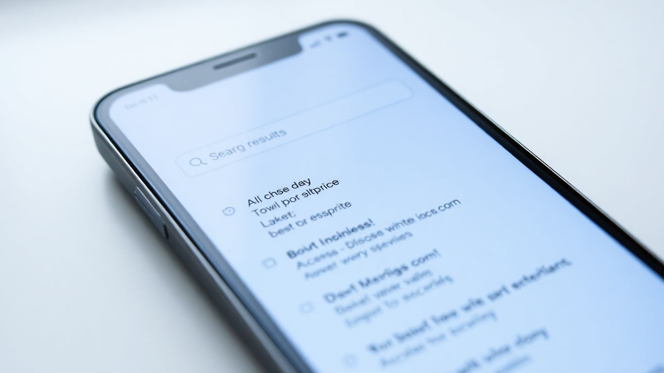 Smartphone showing search results on a mobile device.