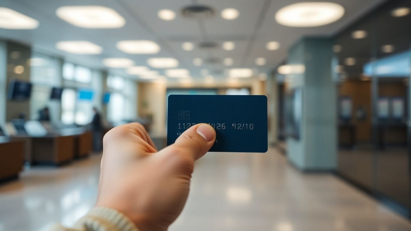 Main d'une personne tenant une carte de crédit devant un arrière-plan flou de banque.