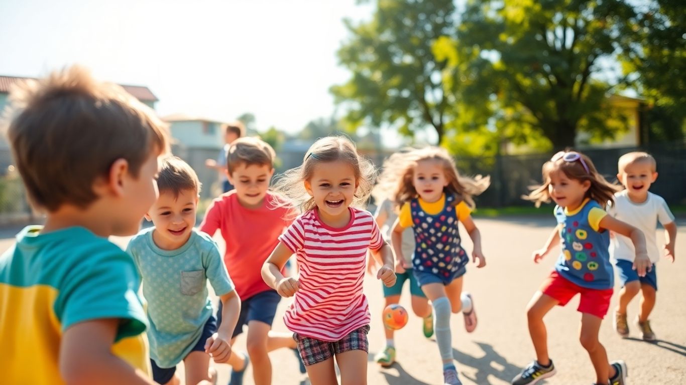 Kinder spielen und bewegen sich fröhlich im Freien.