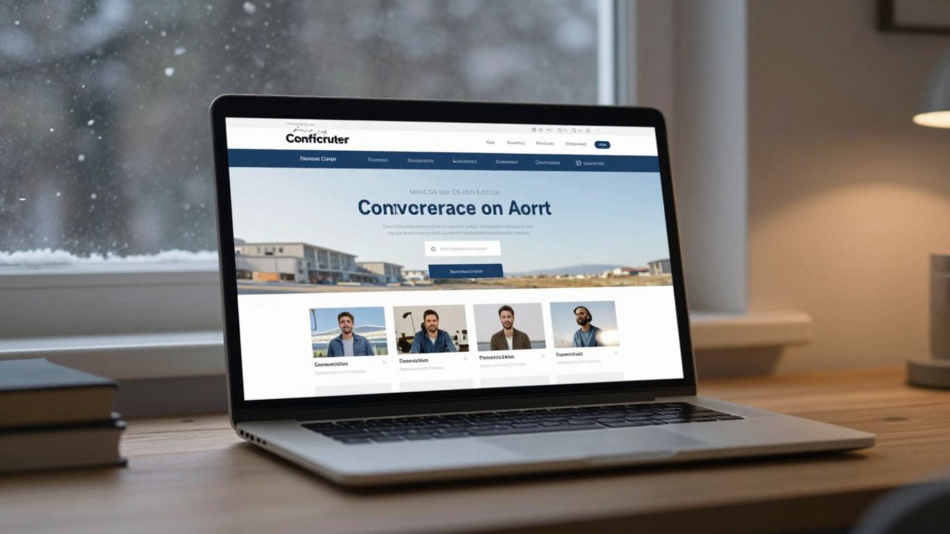 Contractor website on laptop with winter scene outside.