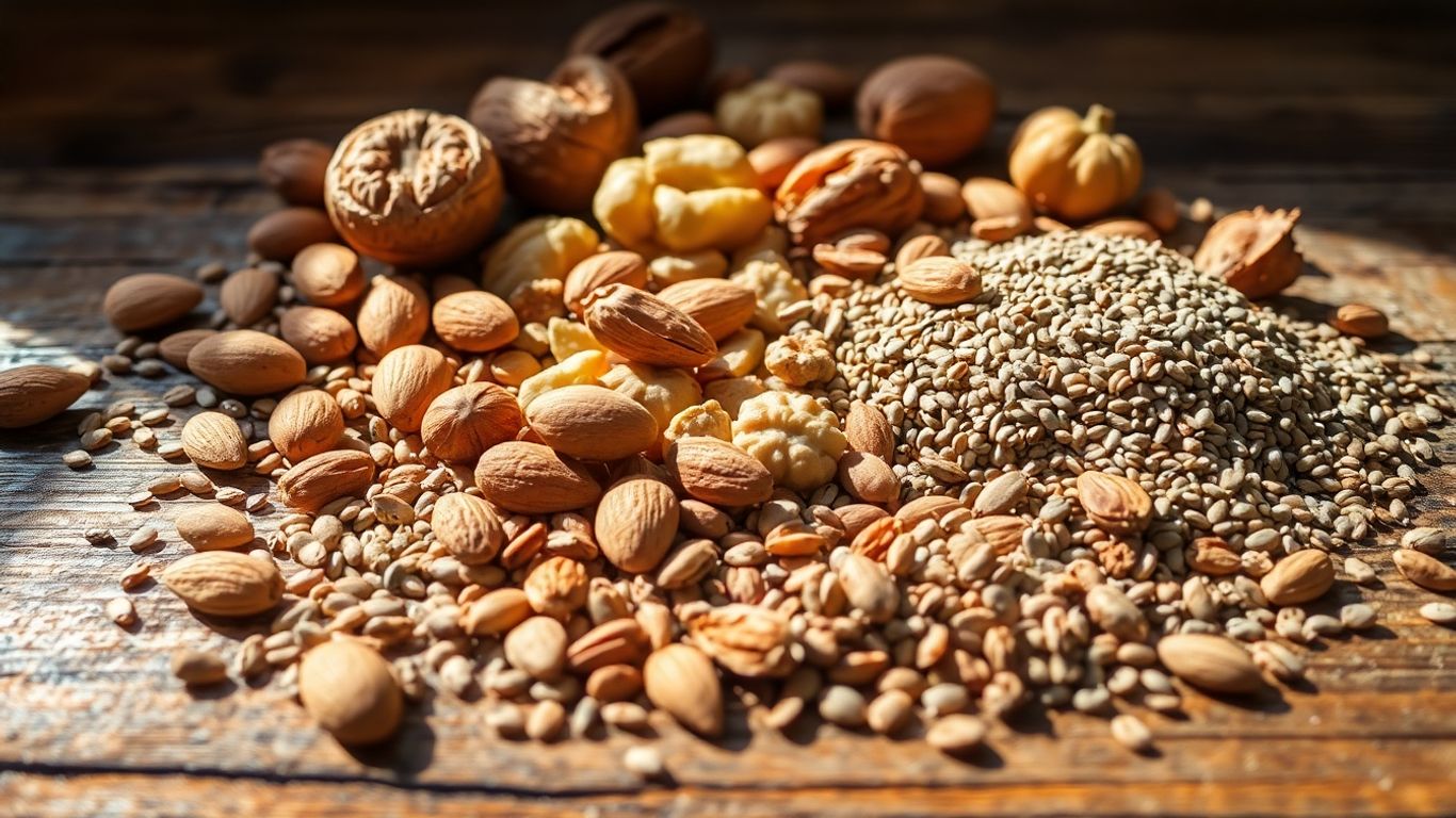 Assortment of nuts and seeds for health.