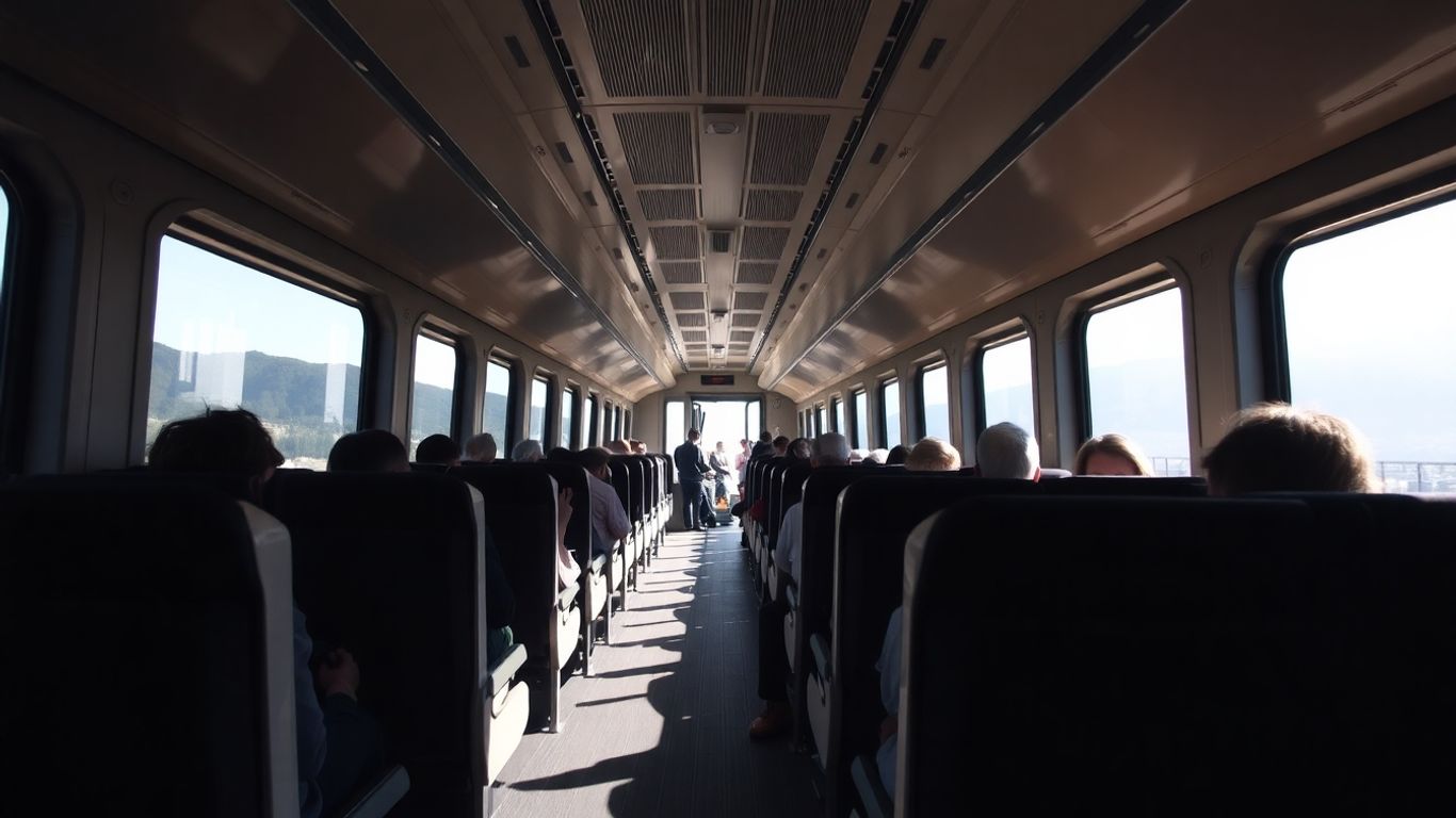 Interior de comboio moderno com vista para a paisagem.