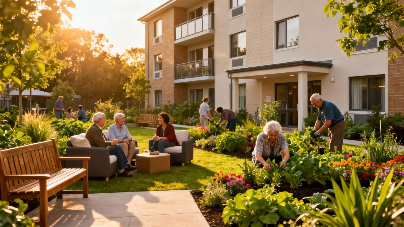 Modern supported housing with people in a communal garden.
