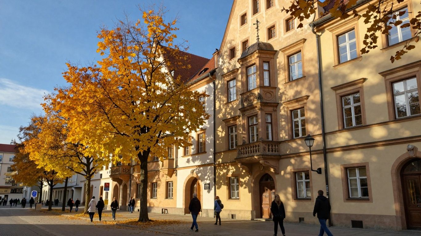Munich street scene with autumn leaves and Bavarian architecture.