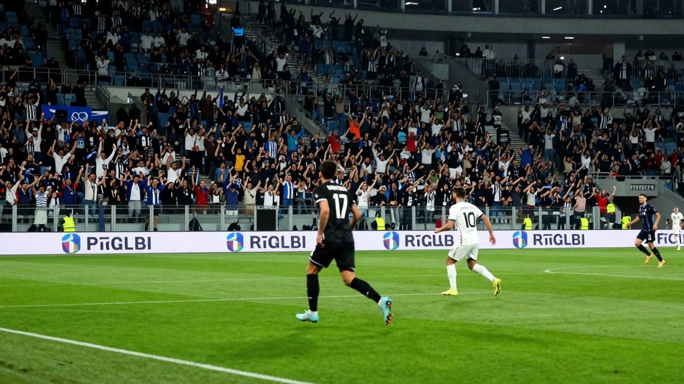 Italian football stadium with fans and player.