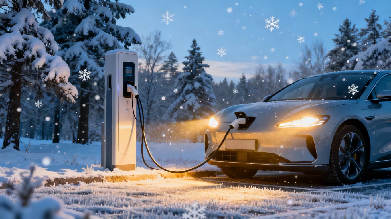Electric car charging in a snowy winter landscape.