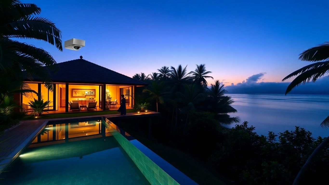 Luxury Bali villa security at dusk with pool.