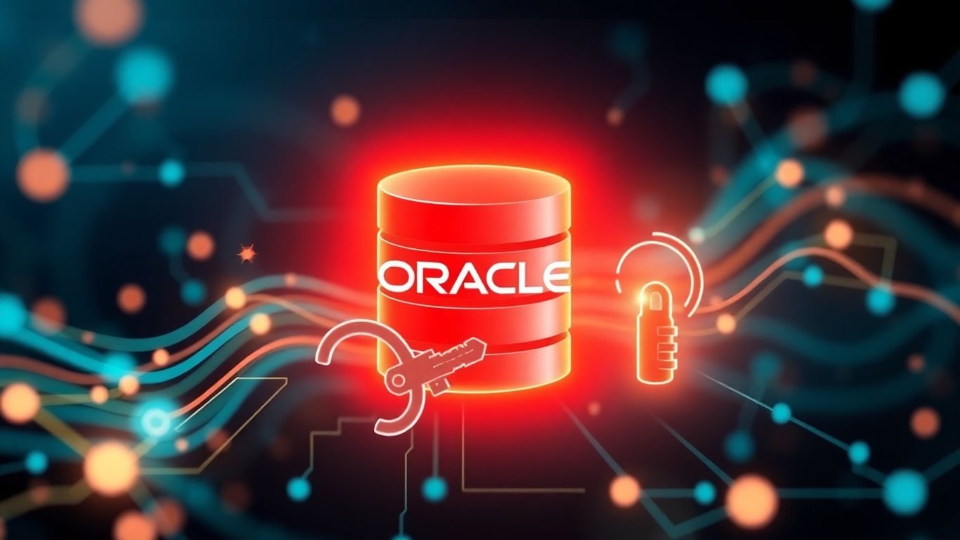 Oracle database icon with unlocking key and digital streams.