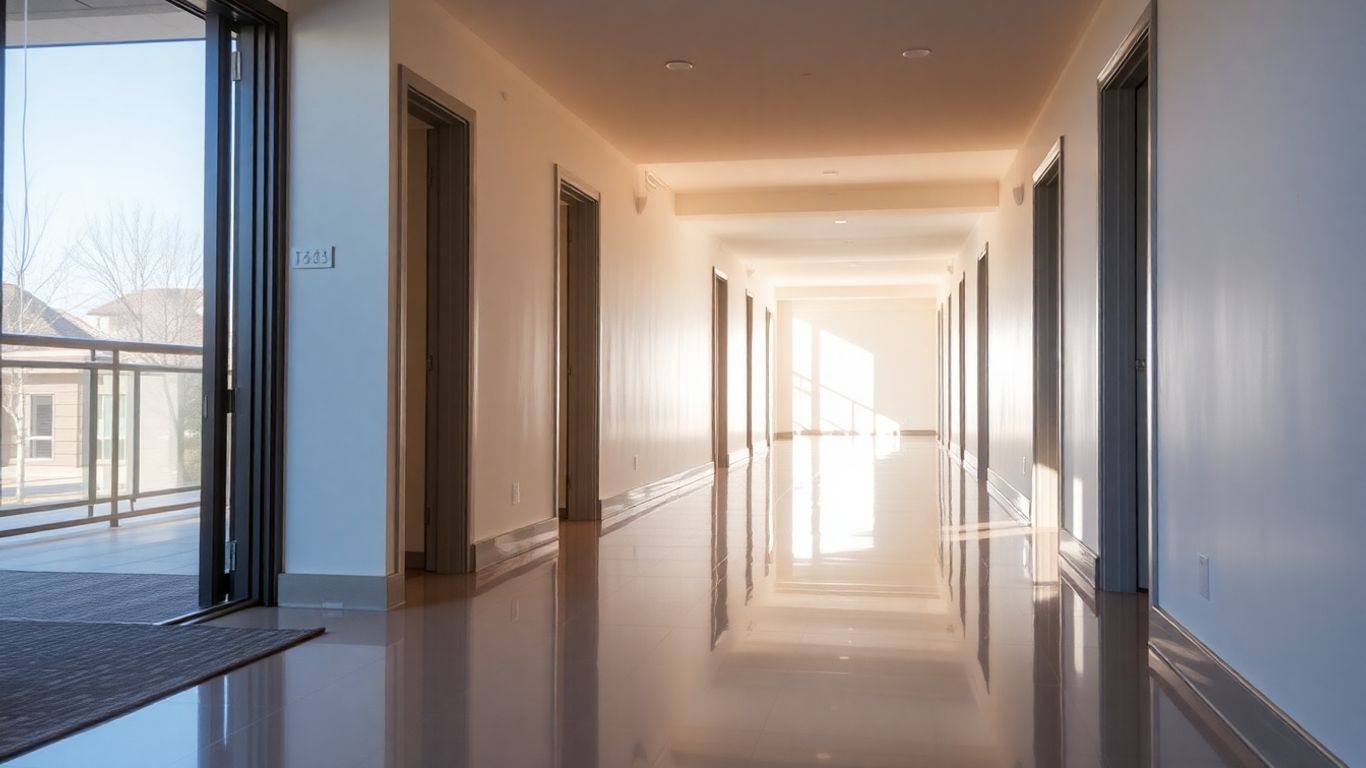 Clean apartment hallway with shiny floors and carpets.