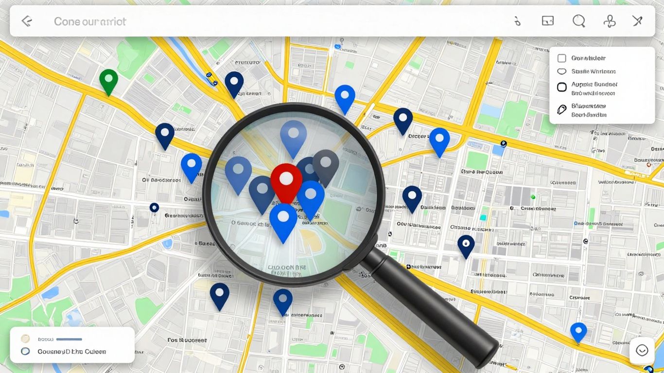 Digital map with business pins, one cluster messy.