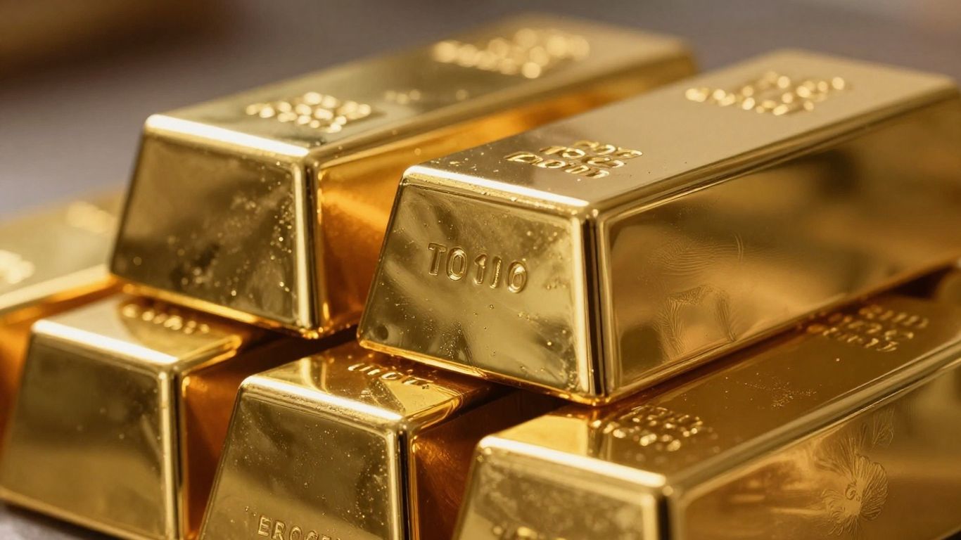 Stacked gold bars, golden reflections.