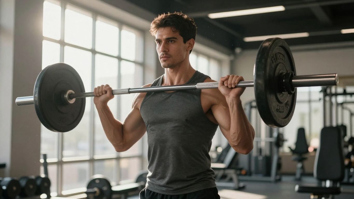 Person lifting weights in a sunlit gym.
