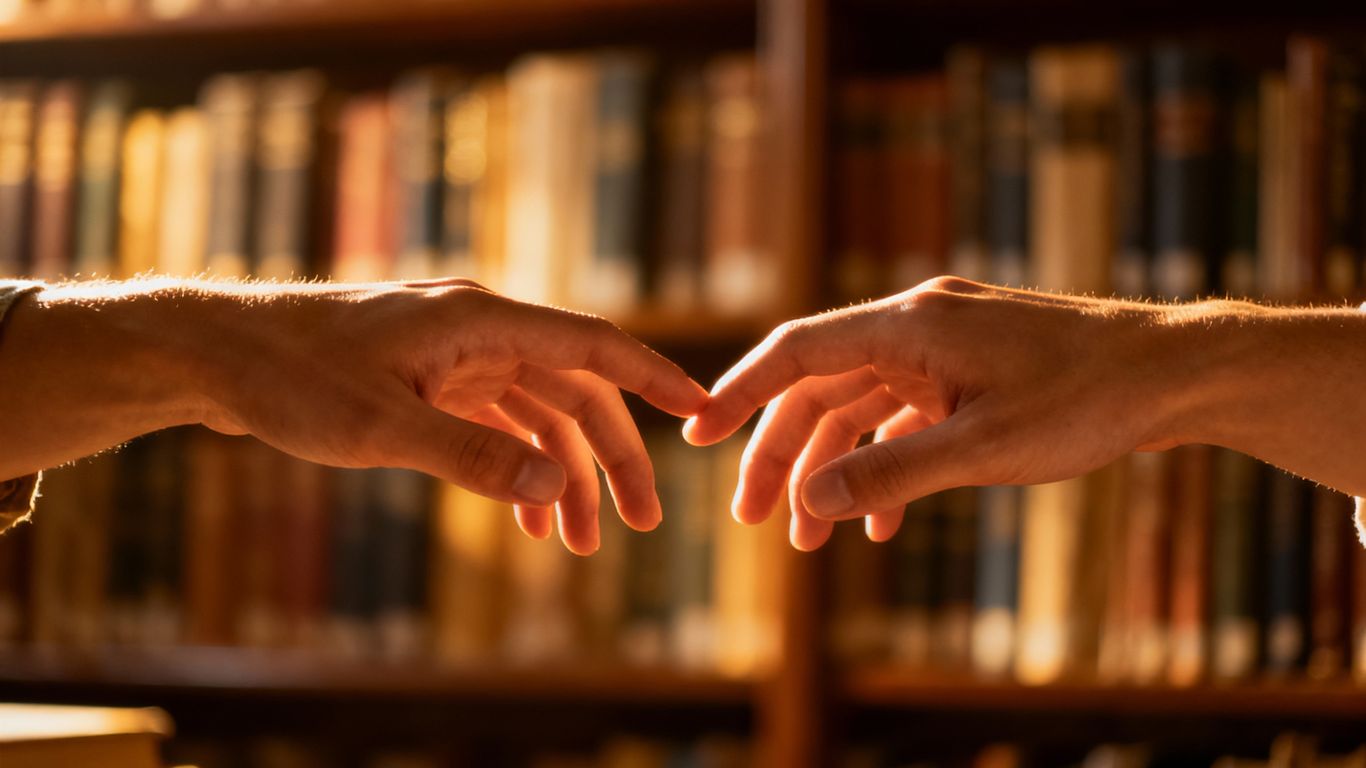 Hands reaching, books in background, warm light.